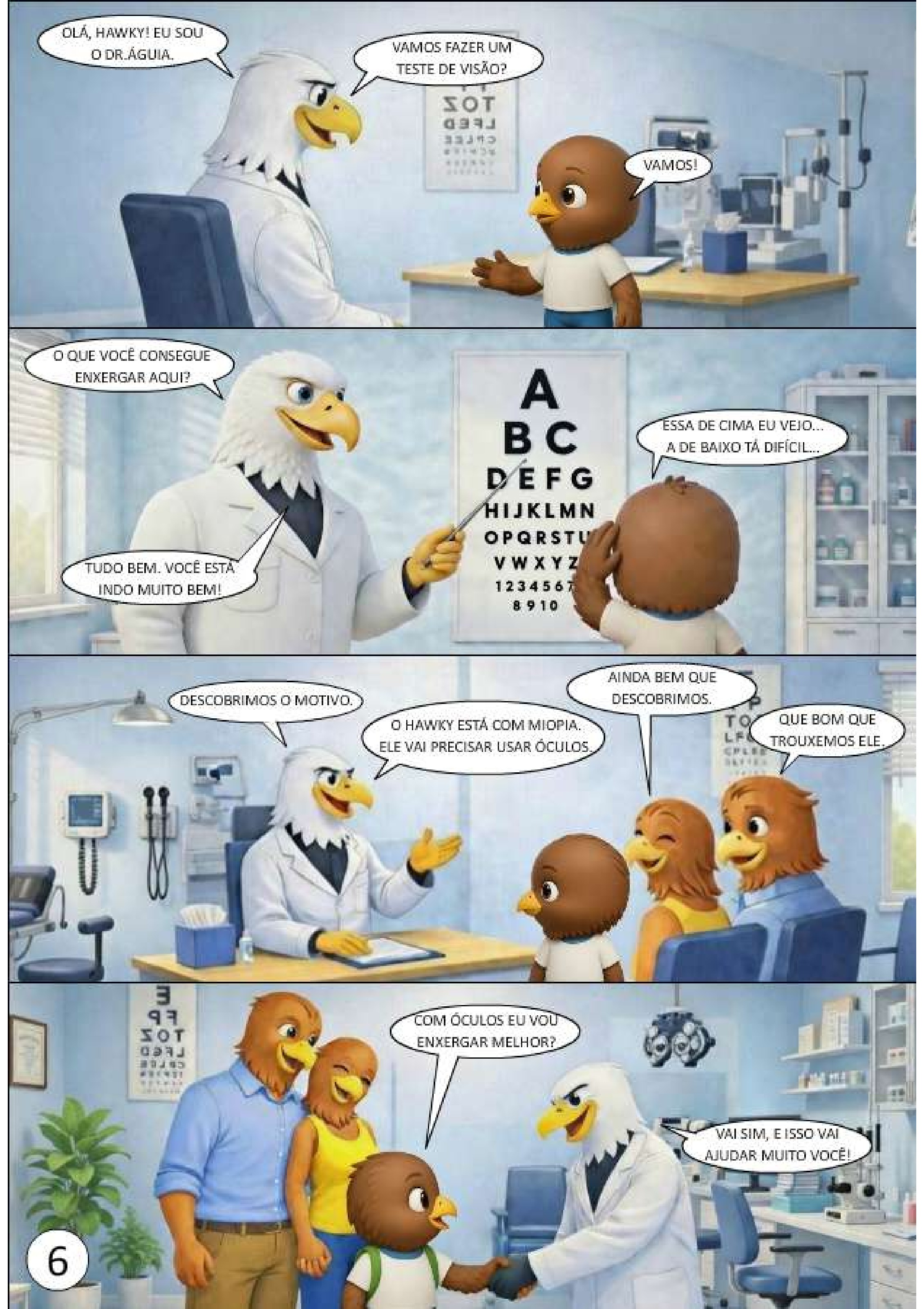 Página do livro: “Olá, Hawky! Vamos fazer um teste de visão?” — Dr. Águia